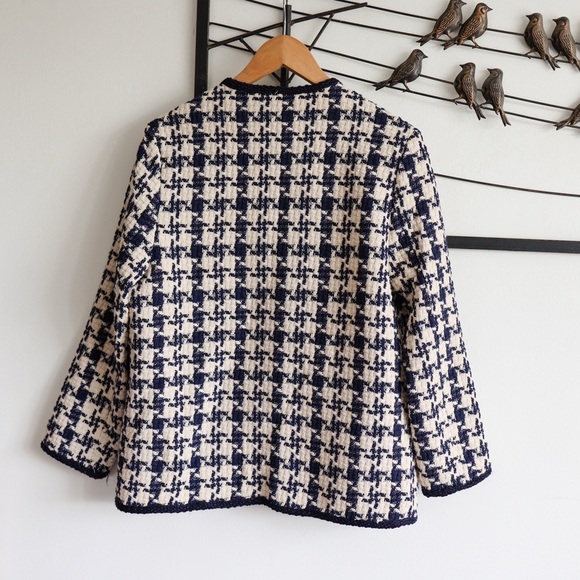 Tongse Studio Navy Cream Tweed Cotton Blend Jacket Medium Lined Open Front - Picture 5 of 10